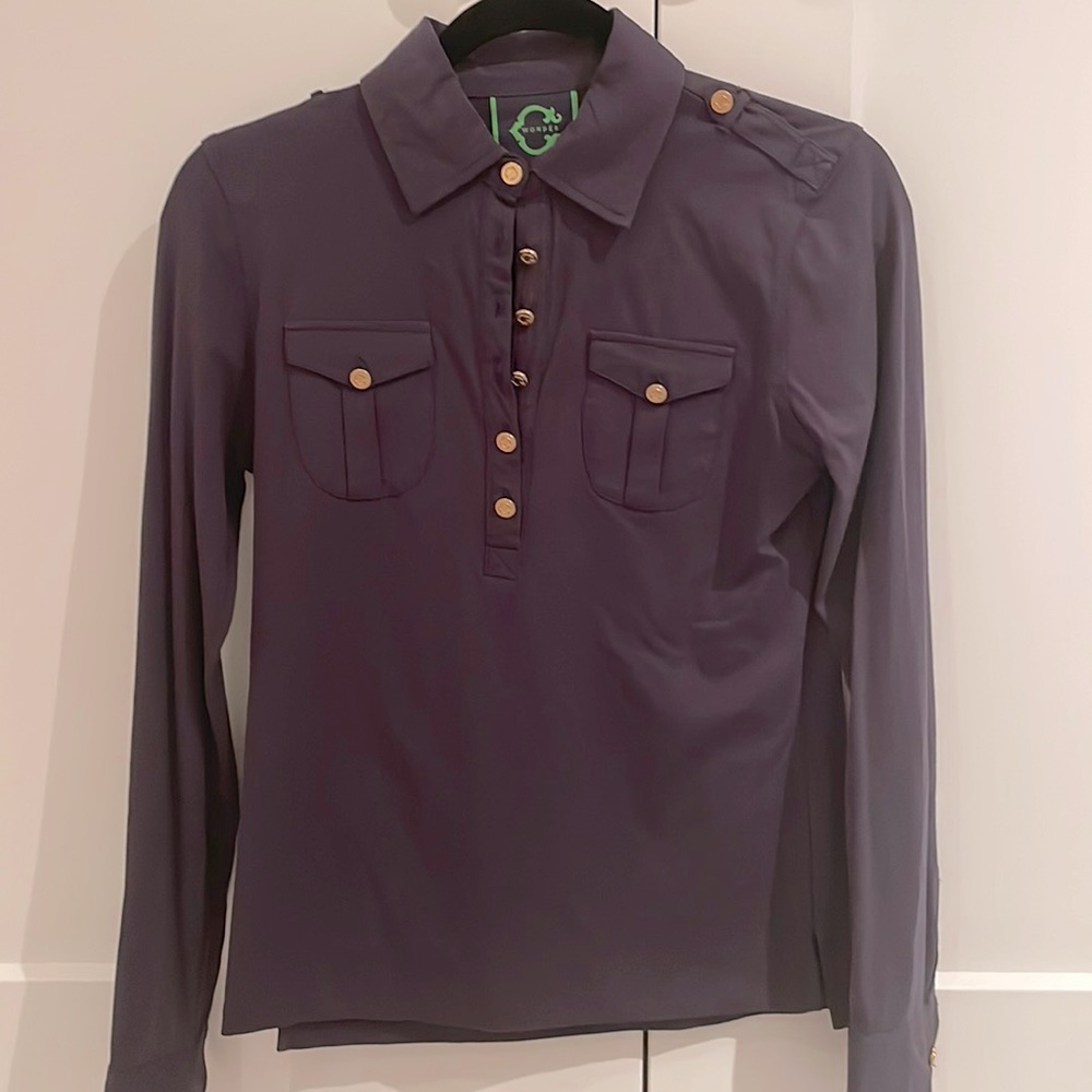 C Wonder navy blouse with gold buttons